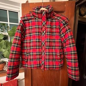 Forever 21 Plaid Puffer With Detachable Hood And Zip Snap Jacket Size Large NWOT